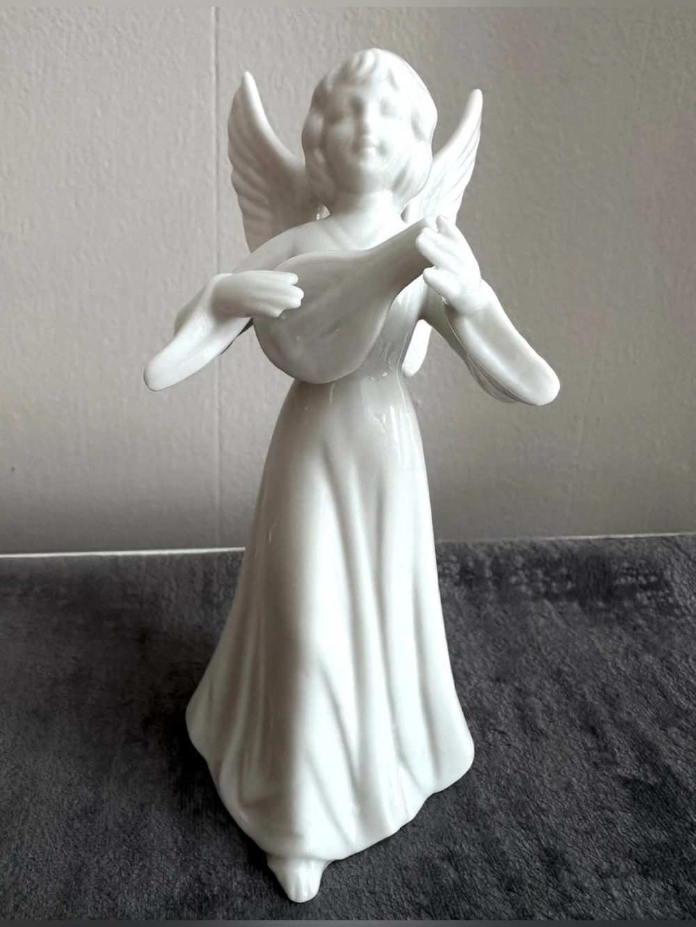 White Porcelain Angel Figurine Playing Mandolin